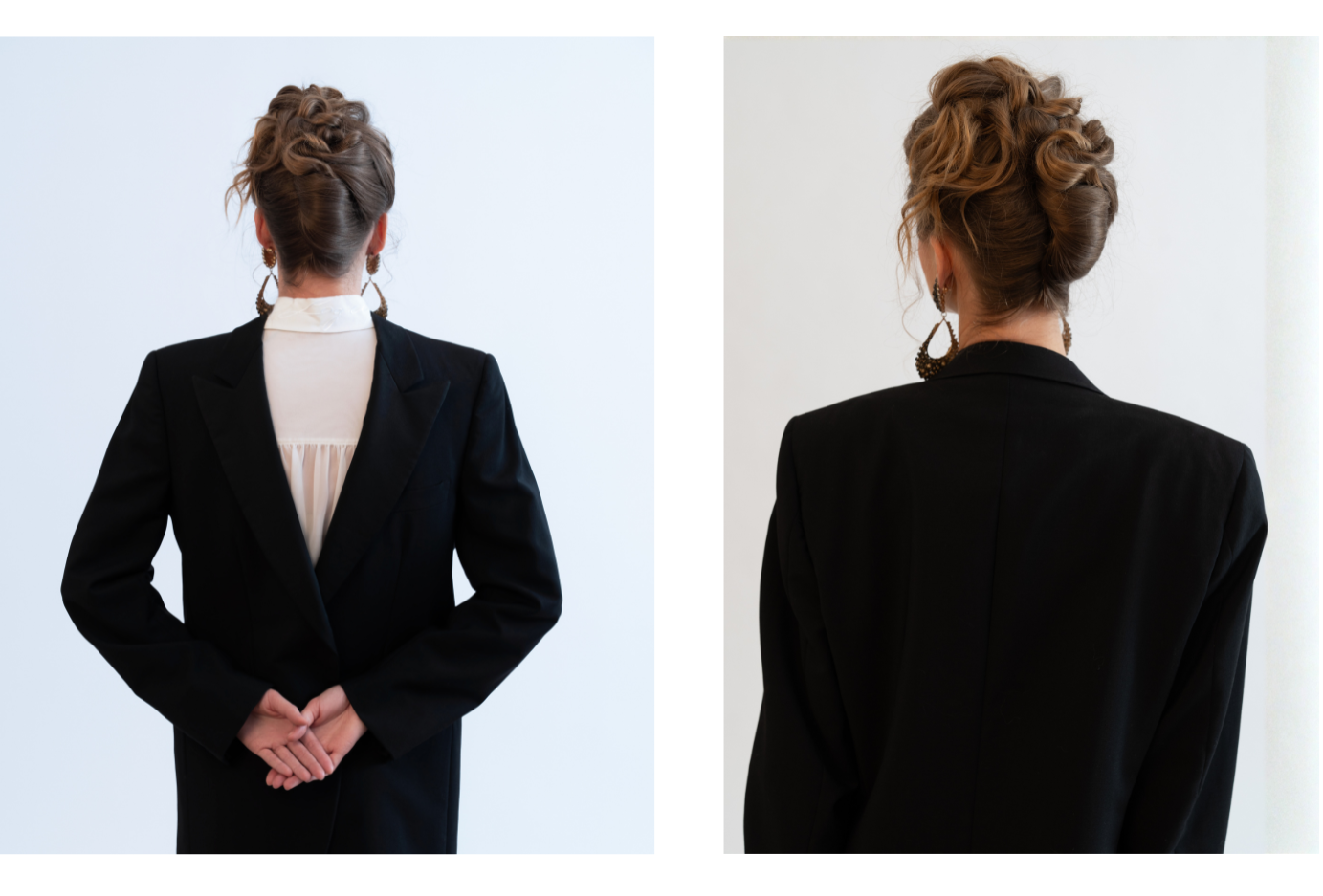 Side view portrait of a modern bride with a neatly styled French twist updo, created by Jasmin Arnold Bridal Makeup & Hair.